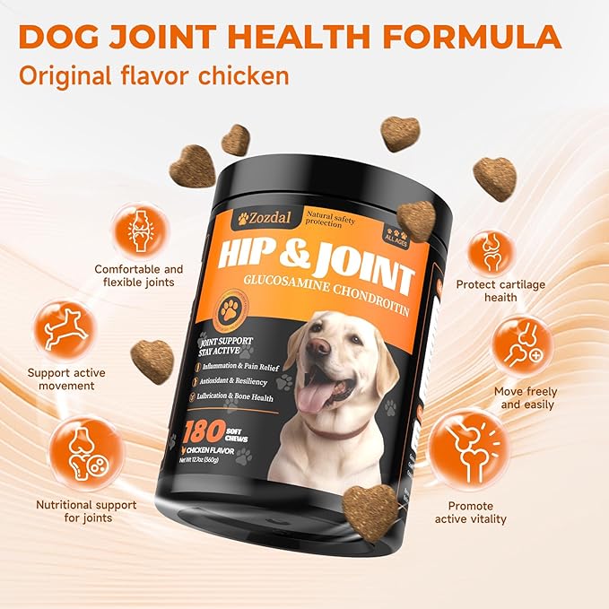 Joint Supplement for Dogs, 180 Chicken Flavor Chews, Glucosamine Chondroitin with MSM, Turmeric & Green Lipped Mussel, for Large Breed & Senior Dogs, Hip & Joint Pain Relief and Health Support