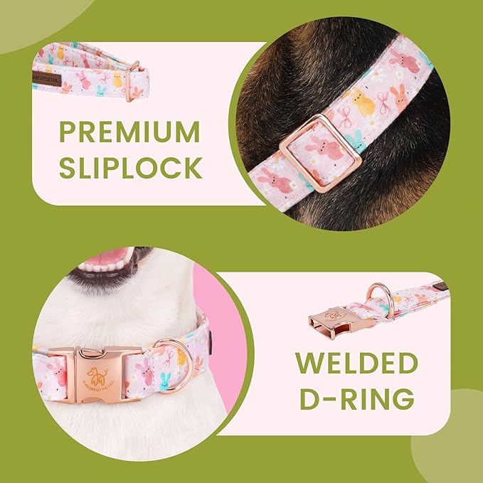 Elegant little tail Easter Dog Collar, Pink Bunny Pattern Floral Spring Pet Collars Gift Holiday Puppy Collars Soft Cotton Adjustable Dog Collar for Small Dogs