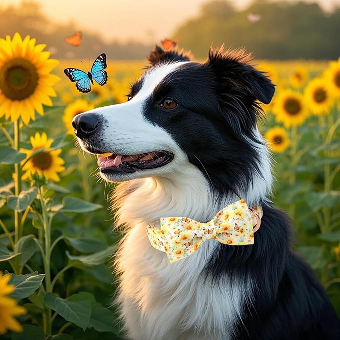 Floral Dog Collar with Bow Tie - Adjustable Yellow Sunflower Bowtie Collar Breathable Comfort Spring-Summer Dog Collars for Small Medium Large Dogs S