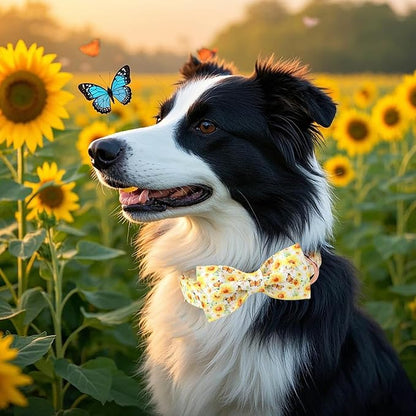 Floral Dog Collar with Bow Tie - Adjustable Yellow Sunflower Bowtie Collar Breathable Comfort Spring-Summer Dog Collars for Small Medium Large Dogs S