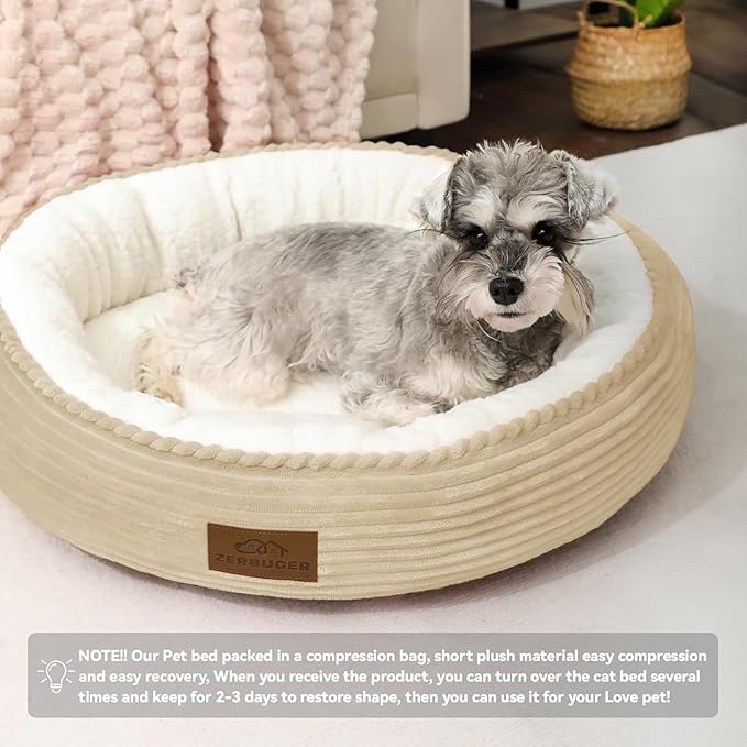 Zerbuger 20in Camel Round Cat Dog Bed Gift for Large Medium Small Dogs Cats, Machine Washable Sleeping Sofa, Non-Slip Bottom Breathable Soft Calming Pet Cuddler for Indoor/Outdoor/Car/Cage