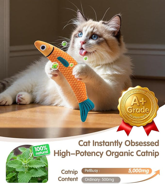 PetBusy Cat Toys with[5000mg A+Natural Catnip &Silvervine] [Baby Grade] Interactive Soft Chew Kicker Cat Toys for Indoor Cats & Kittens, [Crinkle &Bell] Fish Sound Toy, Drives Bored Cat Crazy with Fun
