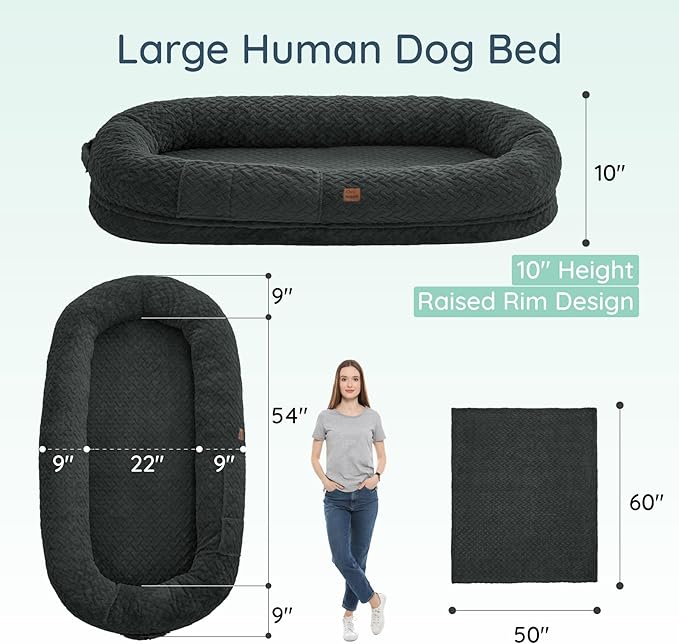 Human Dog Bed for Adult - Luxury Faux Fur Giant Size Dog Bed with Portable Handle, Egg Orthopedic Foam with Blanket, 72"x40"x10", Dark Grey