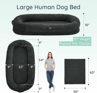 Human Dog Bed for Adult - Luxury Faux Fur Giant Size Dog Bed with Portable Handle, Egg Orthopedic Foam with Blanket, 72"x40"x10", Dark Grey