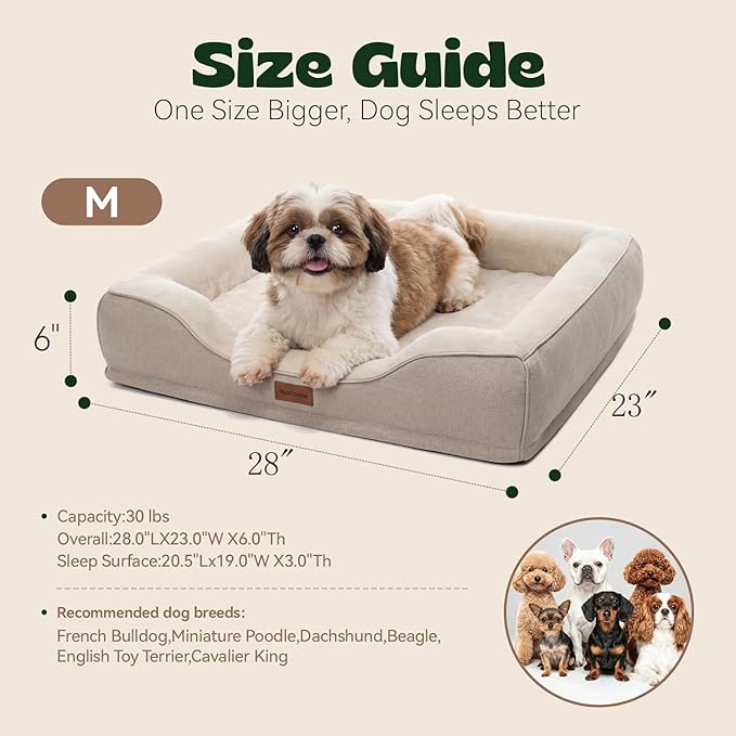 hush bone 28 Inch Orthopedic Dog Couch Bed for Medium Dogs Up to 30 lbs,Cooling Gel Memory Foam + Egg Crate Foam,Waterproof Removable Washable Cover,4-Sided Bolster,Non-Slip Bottom,Beige