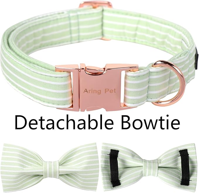 ARING PET Dog Collars with Bow, Green Stripe Adjustable Bowtie Pet Collar with Metal Buckle for Small Medium Large Boy Girl Dogs-L