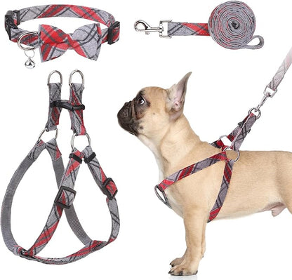 BINGPET Dog Harness Collar Leash Set,Adjustable No Pull Escape Proof Small Dog Harness,Classic Plaid Puppy Harness and Leash Set for Small Medium Large Dogs Training Easy Walk Running