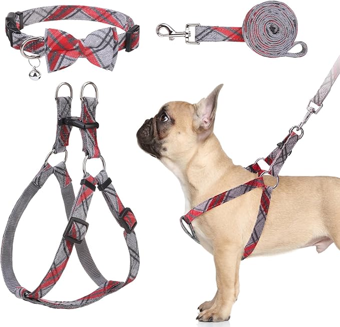 BINGPET Dog Harness Collar Leash Set,Adjustable No Pull Escape Proof Small Dog Harness,Classic Plaid Puppy Harness and Leash Set for Small Medium Large Dogs Training Easy Walk Running