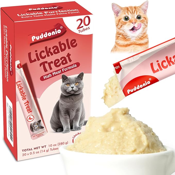 Puddonio High-Meat Lickable Cat Treats, Grain & Gum Free, No Additives, All-Natural High Protein Puree, 0.5oz Tubes (Pack of 20)