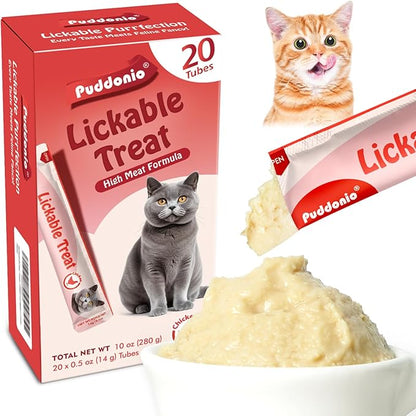 Puddonio High-Meat Lickable Cat Treats, Grain & Gum Free, No Additives, All-Natural High Protein Puree, 0.5oz Tubes (Pack of 20)