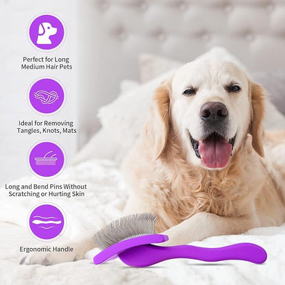 Dog Slicker Brush & Stainless Steel Comb Set for Shedding & Grooming Medium & Large Long or Thick Coated Dogs, Doodles & Cats, 1 Inch Pin Slicker Brush with Ergonomic Wooden Handle, Purple