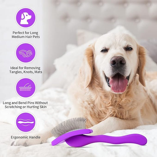 Dog Slicker Brush & Stainless Steel Comb Set for Shedding & Grooming Medium & Large Long or Thick Coated Dogs, Doodles & Cats, 1 Inch Pin Slicker Brush with Ergonomic Wooden Handle, Purple