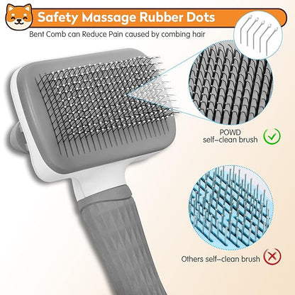 PWOD Dog & Cat Brush, Self Cleaning Slicker Brush for Pets, Upgraded Dog Brush for Shedding Massaging and Grooming, Removes Loose Undercoat & Portable Comb for Long Short Haired Dogs(Gray)