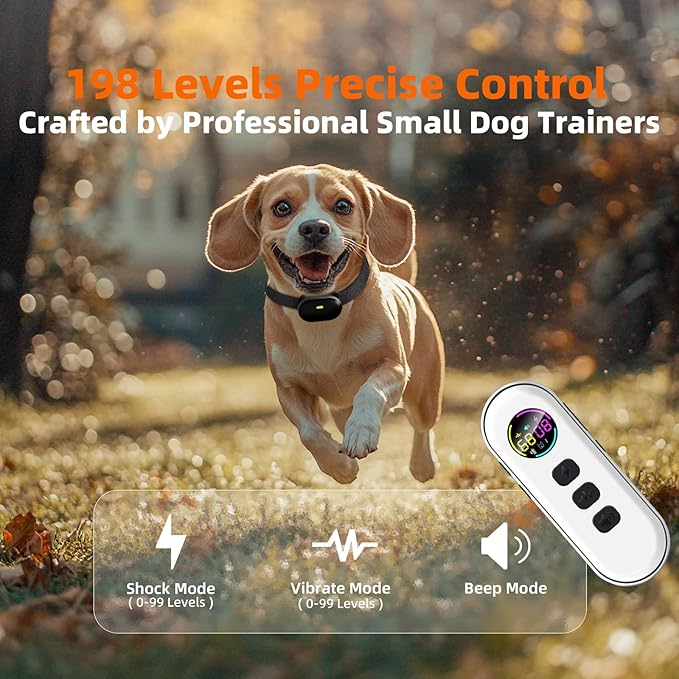Ultra-Small Dog Shock Collar with Remote, Ultra-Light & Thin Dog Training Collar, Tailored for Small Dogs 5-15lbs & Medium Dogs, 198-Level Precise Control, Waterproof, Rechargeable (Not Auto Collar)