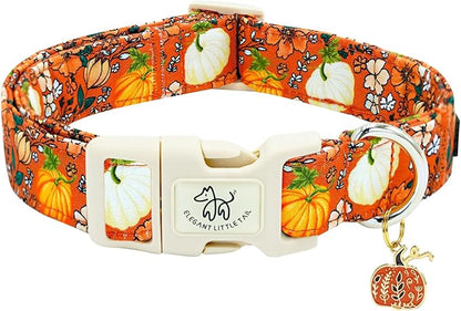 Elegant little tail Halloween Dog Collar, Pumpkin with Flower Print Fall Pet Collars Cotton Soft Sturdy Puppy Collars Holiday Female Adjustable Collar for Large Dogs