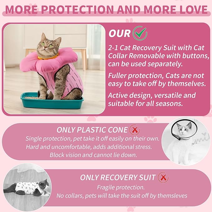 EMUST 2PCS Cat Recovery Suit, Cat Surgery Suit for Abdominal Wounds, Adjustable Flower Neck Cone Collar Soft, Cats Onesie After Surgery for 4-8lb(Pink, M)