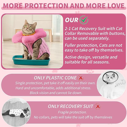 EMUST 2PCS Cat Recovery Suit & Cat Surgery Suit - Soft, Adjustable Flower Collar for Female Kittens Under 4lb (Pink, S)