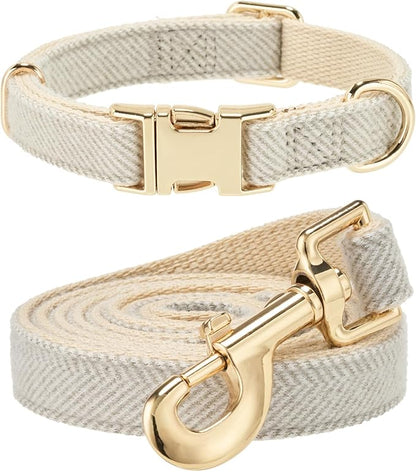 Ewinoom Soft Hemp Dog Collar and Leash Set Adjustable Woven Tweed Dog Collars with Metal Buckle and Lead for Small Medium Large Dogs,Grey