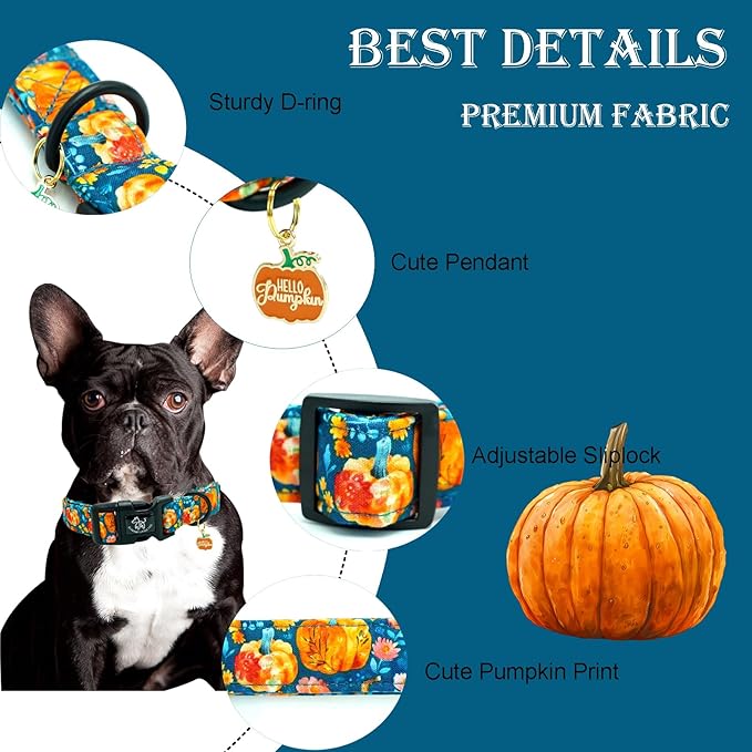 Elegant little tail Halloween Dog Collar, Pumpkin with Flower Print Blue Fall Pet Collars Cotton Soft Sturdy Puppy Collars Holiday Female Adjustable Collar for Medium Dogs