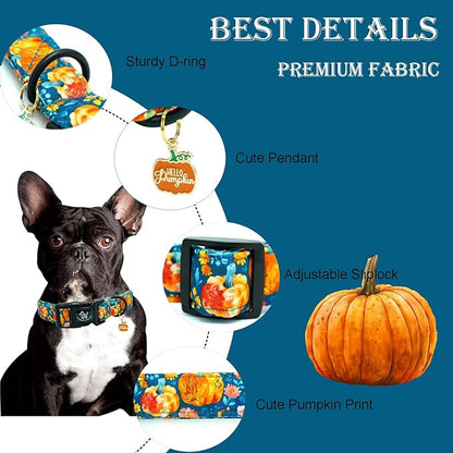 Elegant little tail Halloween Dog Collar, Pumpkin with Flower Print Blue Fall Pet Collars Cotton Soft Sturdy Puppy Collars Holiday Female Adjustable Collar for Medium Dogs