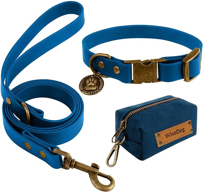 Wisedog Dog Collar and Leash Set, Waterproof Adjustable Puppy Collars with Cute Tag 5FT Dog Leash with Poop Bag for Small Medium Large Dogs (L, Blue)