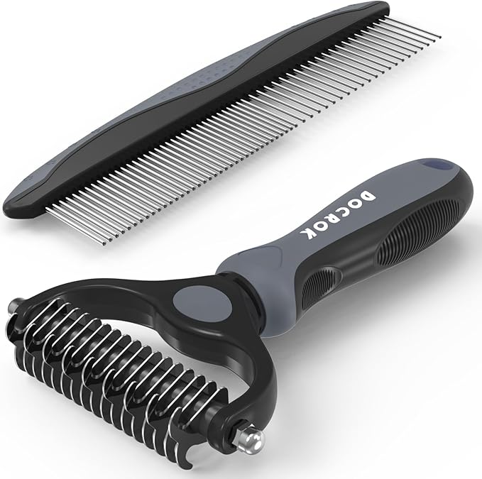 Docrok Pet Grooming Brush and Metal Comb Combo, Cat Brush Dog Brush for Shedding, Undercoat Rake for Dogs Grooming, Dematting Deshedding Brush Dogs Shedding Tool for Long matted Haired Pets, Gray