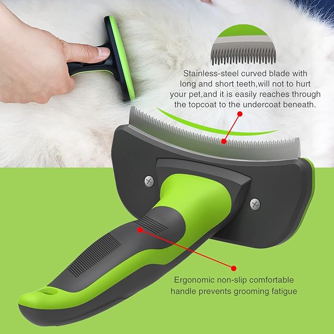 Upgraded Pet Self Cleaning Curved Deshedding Tool, Effectively Reduces Shedding by Up to 95%, Professional Grooming Brush for Small Dogs, Cats and Other Small Animals Green S