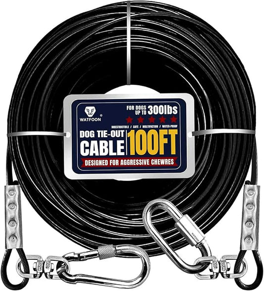 Tie Out Cable for Dogs Up to 300lbs,100ft Extra Strong 1000lbs Break Strength Tie-Out Tether Trolley Training Lead,Dog Run Cable for Yard Garden Park Camping Outside (Black, 300lbs 100ft)