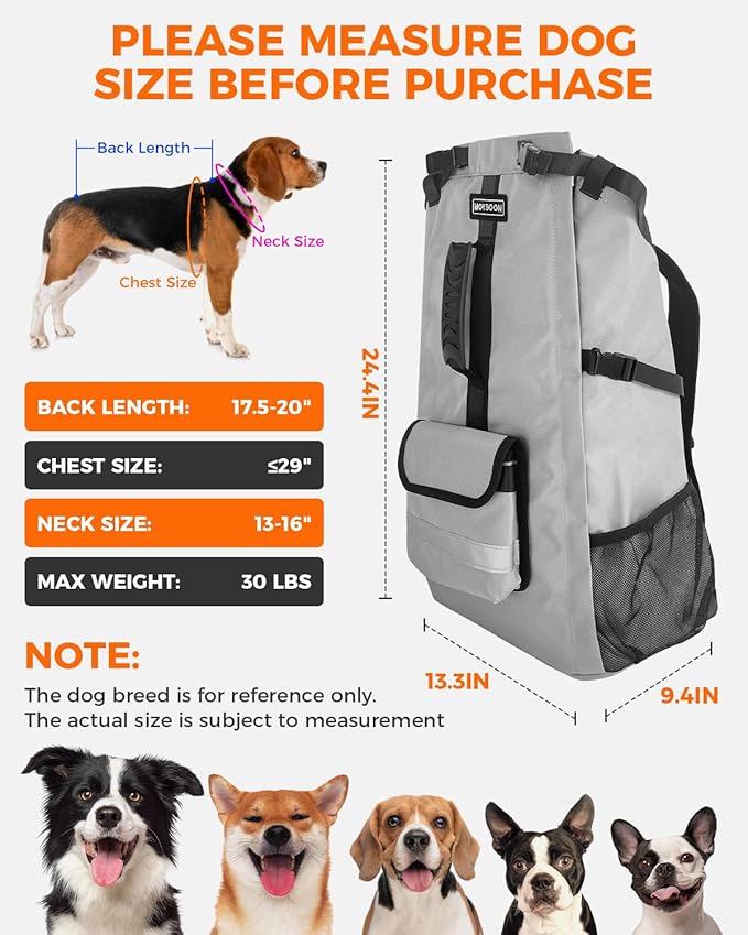 FOXFOCUS Dog Backpack Carrier for Medium Dogs - 4-Layer Protection, Under 30 lb, Waterproof, Adjustable Dog Travel Bag with Storage Pockets, Reflective Strips, Non-Slip Handle for Hiking - Grey