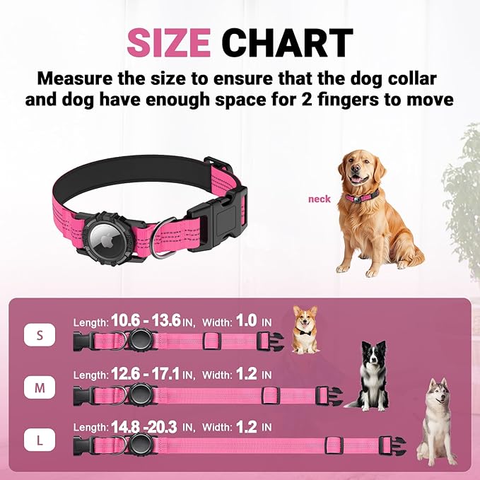 HDDTTZ AirTag Dog Collar, IP68 Waterproof Integrated Air Tag Dog Collars with Reflective, Ultra-Durable, Comfortable Padded, Heavy Duty Dog Collars for Small Medium Large Dogs, M (12.6"-17.1"), Pink