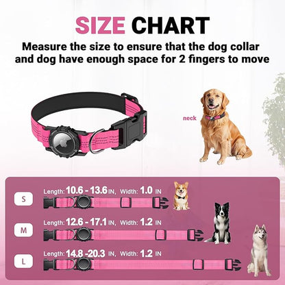 HDDTTZ AirTag Dog Collar, IP68 Waterproof Integrated Air Tag Dog Collars with Reflective, Ultra-Durable, Comfortable Padded, Heavy Duty Dog Collars for Small Medium Large Dogs, M (12.6"-17.1"), Pink