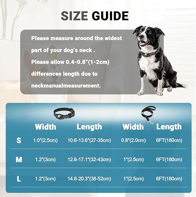 HDDTTZ AirTag Dog Collar and Leash, IP68 Waterproof Integrated with Reflective, Ultra-Durable, Comfortable Padded, Heavy Duty Dog Collars for Small Medium Large Dogs, M (12.6"-17.1"), Black