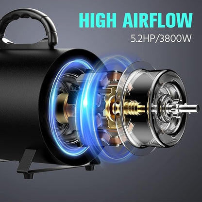 Pet Dryer, 5.2HP/3800W Pet Grooming with Adjustable Speed and Temperature Control Dog Blow Dryer, Pet Hair Dryer with 3 Nozzle