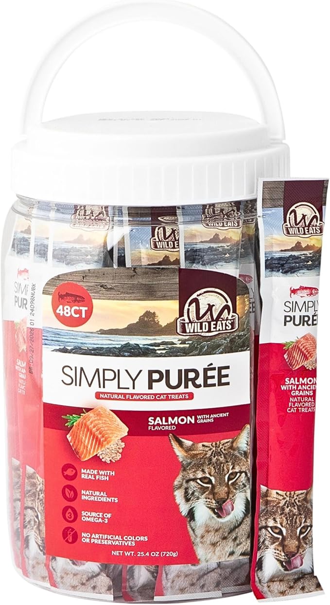 Wild Eats Simply Puree Salmon with Ancient Grains Tub for Cats | 48 Individual Servings | High-Protein, Grain-Enriched Cat Treat | All-Natural, No Artificial Additives | Smooth and Delicious Puree