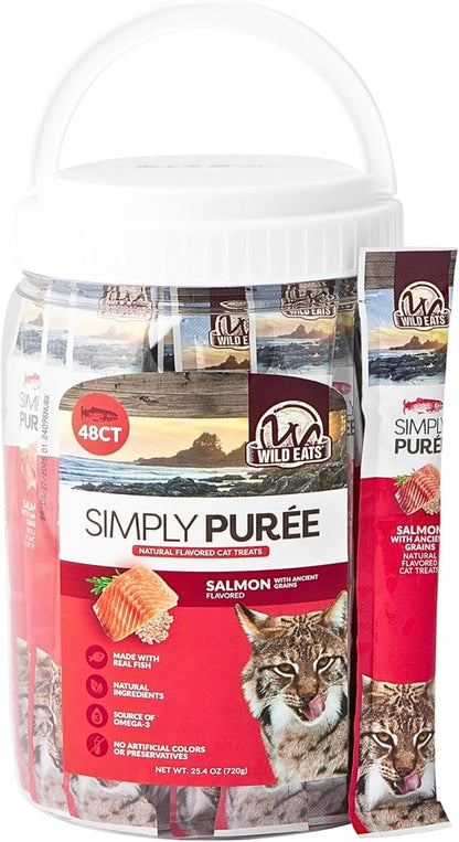Wild Eats Simply Puree Salmon with Ancient Grains Tub for Cats | 48 Individual Servings | High-Protein, Grain-Enriched Cat Treat | All-Natural, No Artificial Additives | Smooth and Delicious Puree