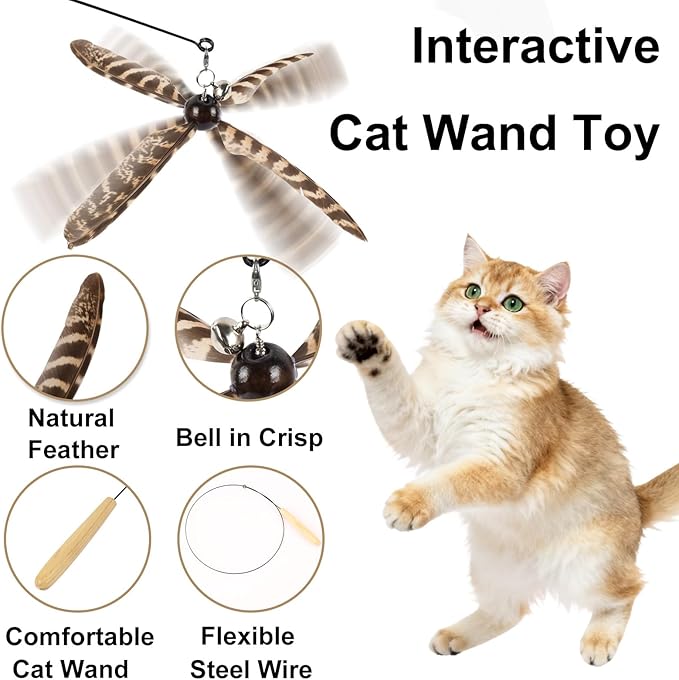 ottmat Cat Wand Toys Interactive for Indoor Cats, 4PC 4-Blade Feather Propeller Refills, 1PC Cat Wand (Small, Wild)