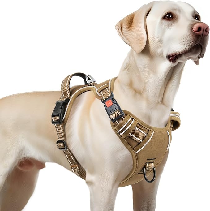 Timos Dog Harness Large Sized, No Pull Pet Harness with Neck Lockable Snap,No Choke Front Clip Dog Reflective Vest,Adjustable Metal Rings 3 Buckles,Easy Control Handle for Large Dogs Khaki XL