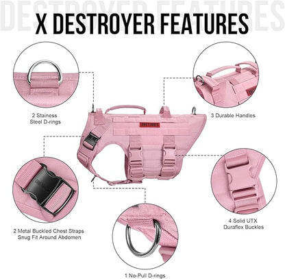 OneTigris Large Tactical Dog Harness, No Pulling Adjustable Dog Vest Harness, Heavy Duty Dog Harness with Handle, Large Hook and Loop Panels for Patch(Pink,S)