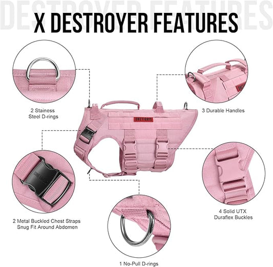 OneTigris Large Tactical Dog Harness, No Pulling Adjustable Dog Vest Harness, Heavy Duty Dog Harness with Handle, Large Hook and Loop Panels for Patch(Pink,L)