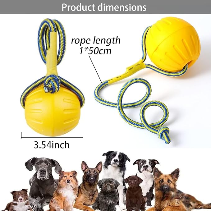 Dog Toy On a Rope, Floating Foam Ball With Rope, Tug Toy for Small Medium Large Dogs Fetch, Catch, Throw, Training (Yellow)