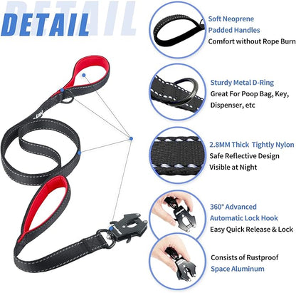 Strong Heavy Duty Dog Leash - 4ft Reflective Nylon Training Leash with Soft Padded Double Handle & Auto Lock Frog Clip - Safety Traffic Control for Large Medium Small Dogs No Pull Walk Black Red,4ft
