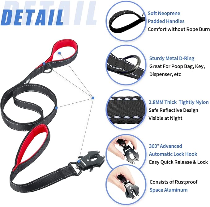 Strong Heavy Duty Dog Leash - 6ft Reflective Nylon Training Leash with Soft Padded Double Handle & Auto Lock Frog Clip - Safety Traffic Control for Large Medium Small Dogs No Pull Walk Black Red,6ft