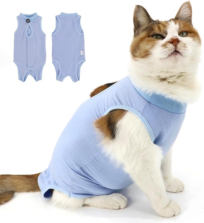 QIYADIN Cat Recovery Suit, Surgical Recovery Clothes for Abdominal Wound or Skin Disease, Cats Onesie After Surgery and Spay, E-Collar Alternative Pajama Suit (Blue, Medium)