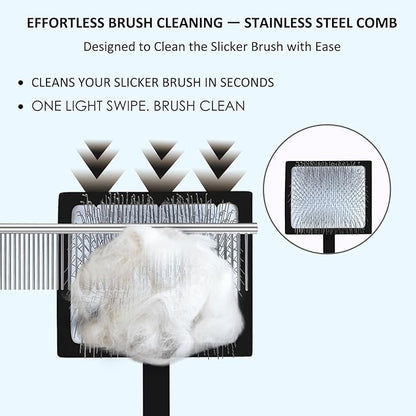 Dog Slicker Brush & Stainless Steel Comb Set for Shedding & Grooming Medium & Large Long or Thick Coated Dogs, Doodles & Cats, 1 Inch Pin Slicker Brush with Ergonomic Wooden Handle, Black