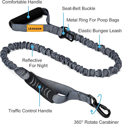 LEADSOM 6FT Highly Reflective Heavy Duty Elastic Bungee Medium and Large Dog Leash Shock Absorbing with Comfortable Padded Handle and Traffic Handle Suitable for Training Grey