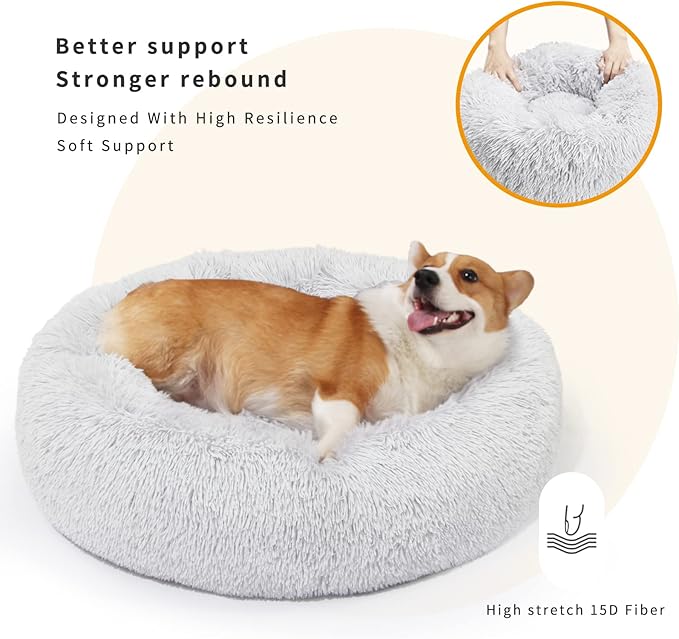 Calming Dog Bed for Medium Dogs Washable Donut 30 inches Anti-Slip Pet Bed,Round Fluffy Plush Faux Fur Cat Bed,Fits up to 45 lbs Pets,Grey