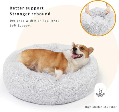 Calming Dog Bed for Medium Dogs Washable Donut 30 inches Anti-Slip Pet Bed,Round Fluffy Plush Faux Fur Cat Bed,Fits up to 45 lbs Pets,Grey