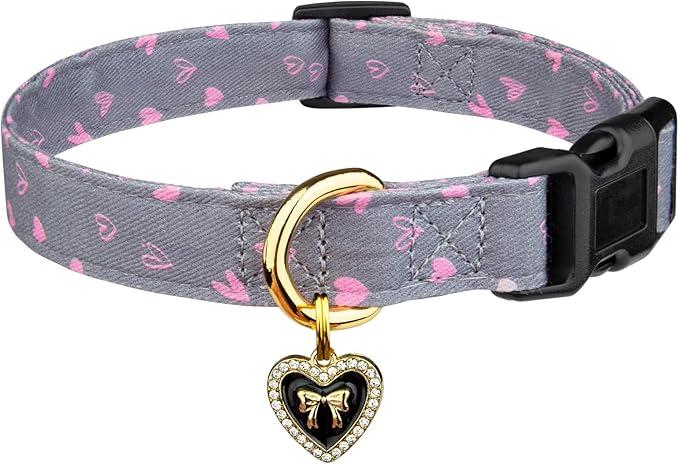 Cotton Handmade Dog Collar Cute and Distinctive Patterns Grey Heart with Pendant for Girl Boy Dogs Collars M