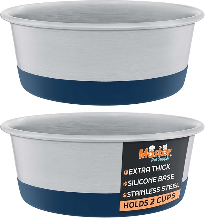 Master Pet Supply Stainless Steel Dog Bowls Set of 2 with Extra Thick Silicone Base - 2 Cup (16 oz) Navy Blue, Non-Slip, Dishwasher Safe Metal Bowls, Pet Dog Food Bowl for Dogs, Cats, Anti Rust