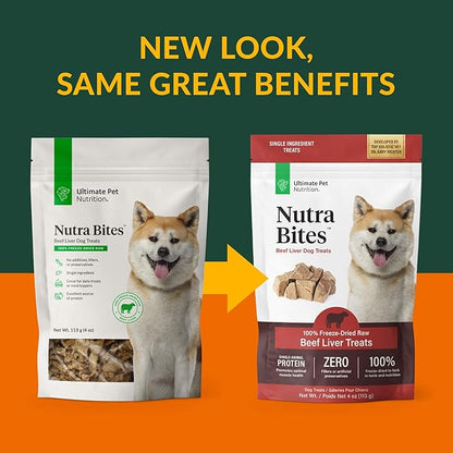ULTIMATE PET NUTRITION Nutra Bites Freeze Dried Raw Single Ingredient Training Treats Food Topper for Dogs, 4 Ounces, Beef Liver